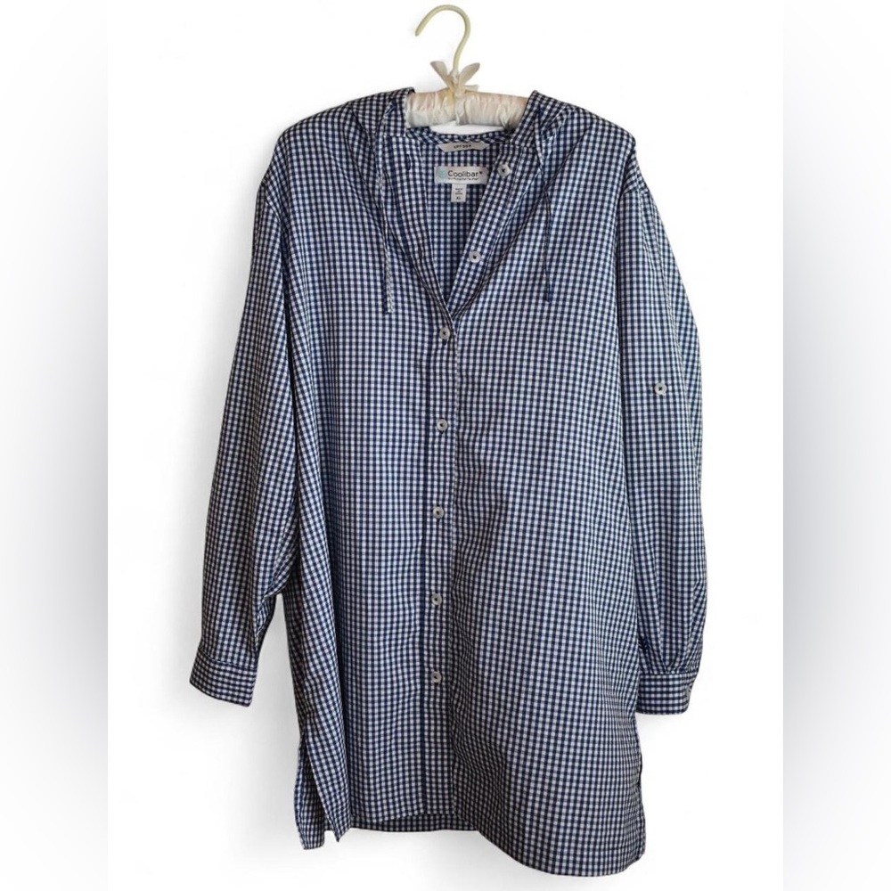 Suntect By Coolibar Women's Long Sleeve Beach Shirt Gingham Blue and White XL
